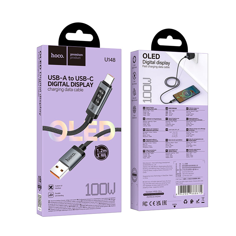 Hoco. U148 Cable USB-A a USB-C Carga Rápida 100W con Pantalla OLED