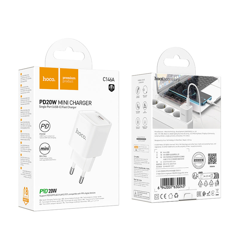 Hoco. C146A Cargador USB-C 20 W PD/QC – Solo Enchufe (Sin Cable)