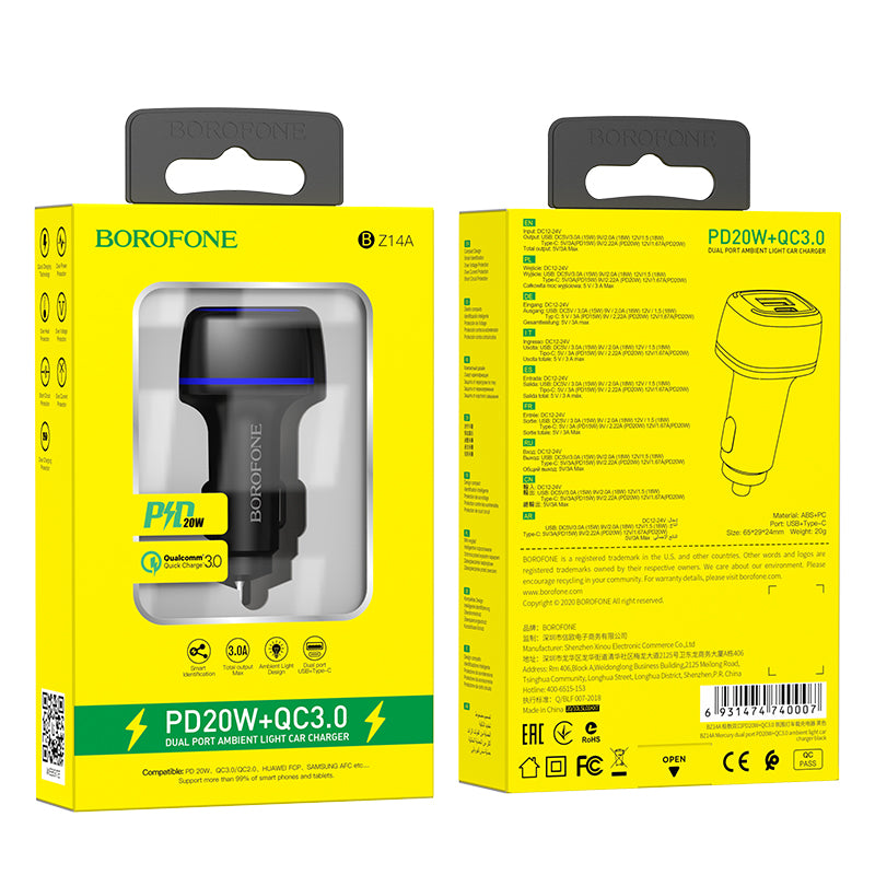 BOROFONE BZ14A Cargador De Coche Con Doble Puerto PD20W + QC3.0 Con Luz Ambiental