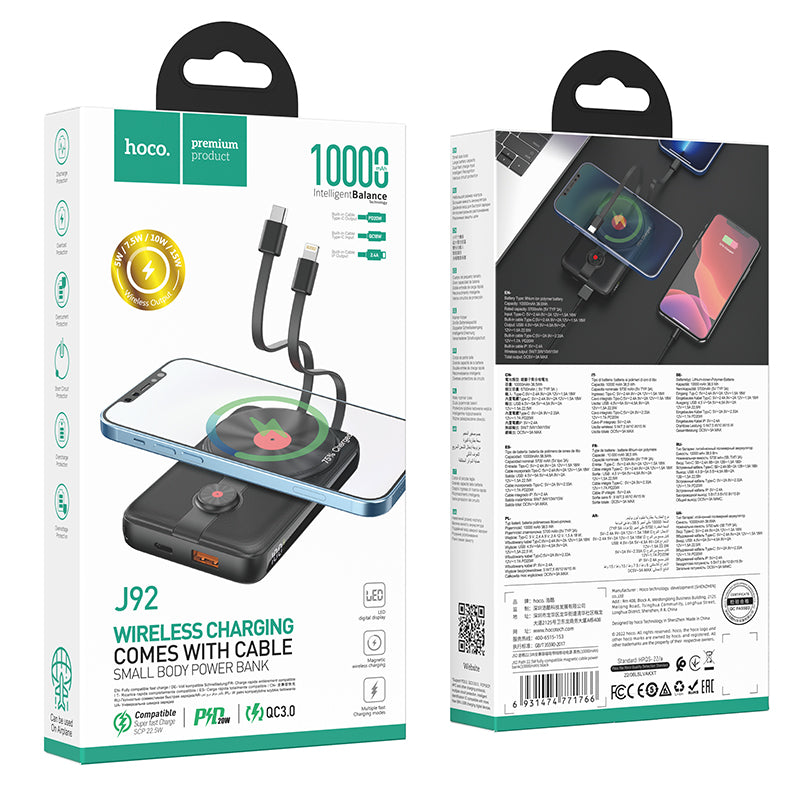 Hoco. J92 Power Bank De 10000mAh Con Cable Lightning (iPhone) + Type-C Integrados