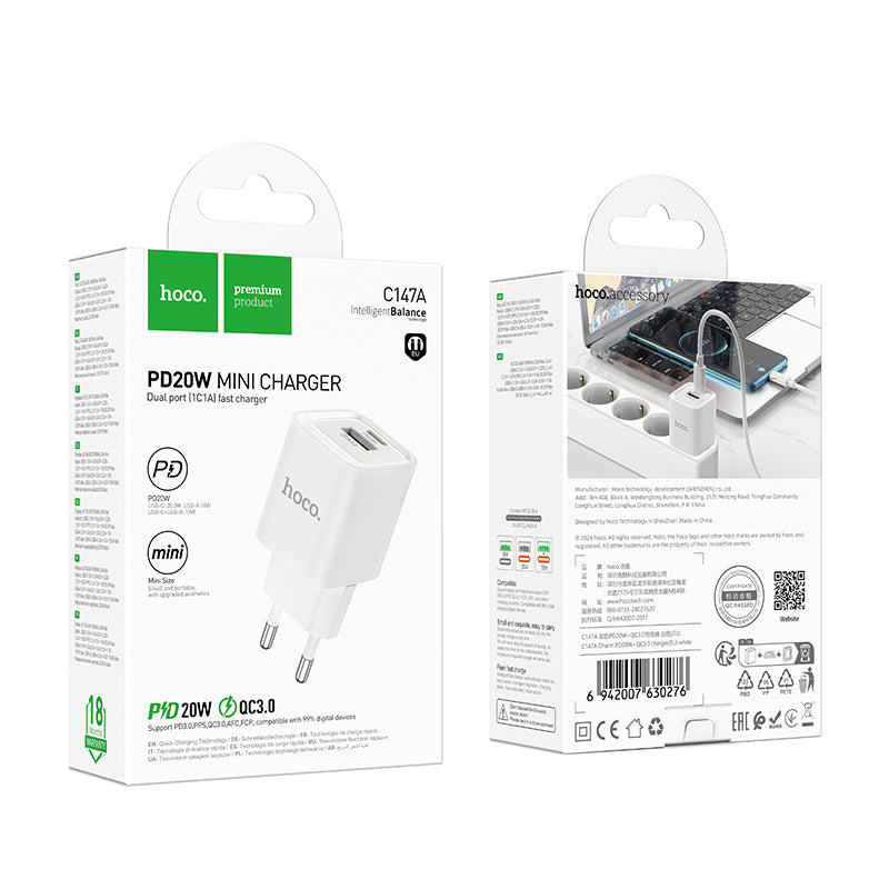 Hoco. C147A Cargador de Pared USB-C 20 W + USB-A 18 W QC3.0 – Versión sin cable