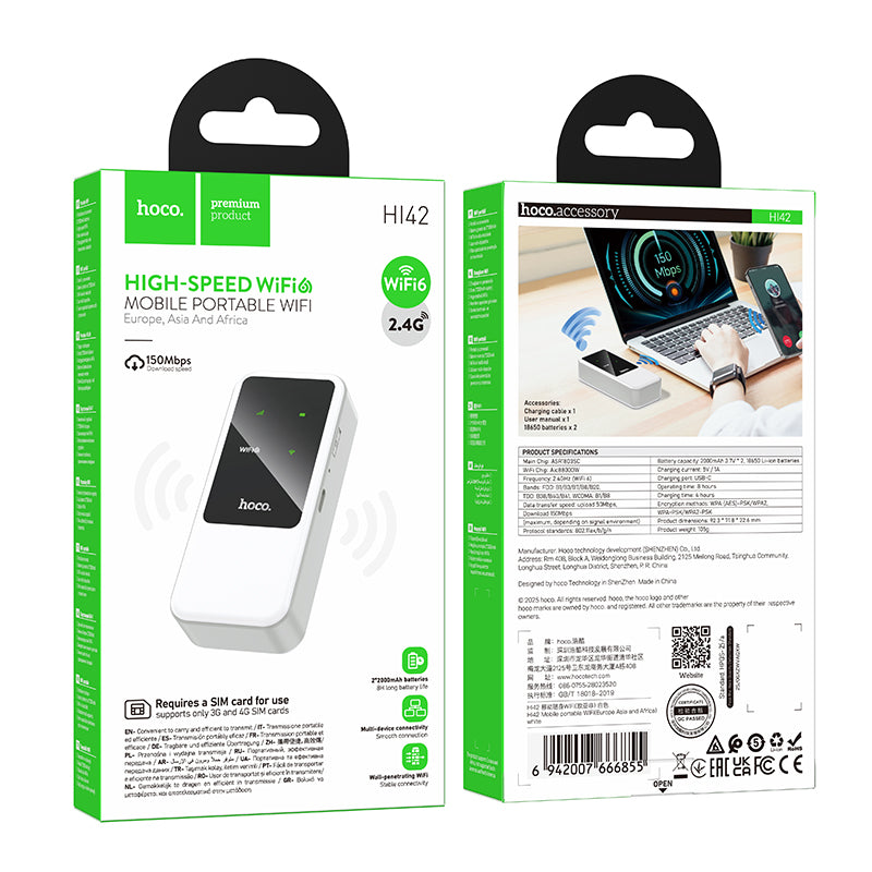 Hoco. HI42 Wi-Fi Portátil 4G con SIM (EU/AS/AF) – Wi-Fi 6