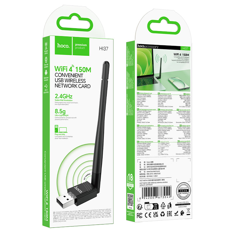 Hoco. HI37 Adaptador Wi-Fi 4 USB para Tarjeta de Red Inalámbrico