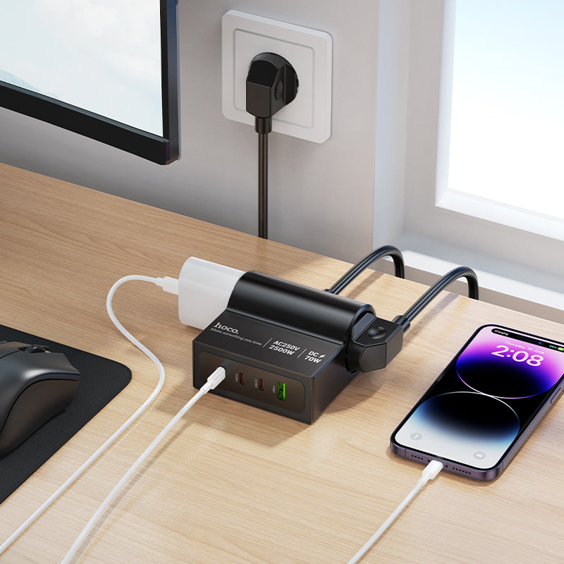 Hoco. HC34 Enchufe de Escritorio – 1x PD 70 W + 3x USB C + 1x A / Multitomas