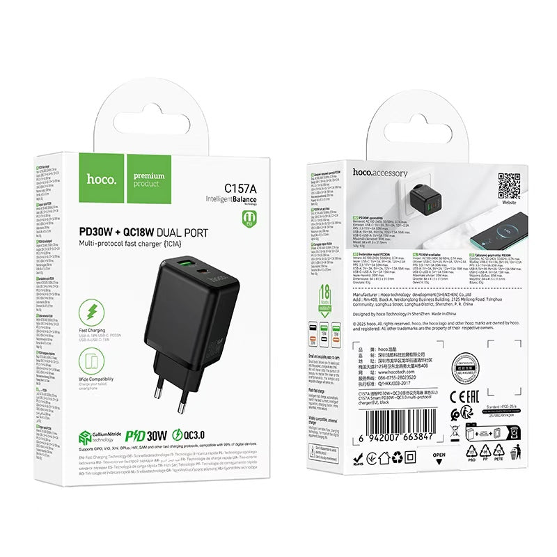 Hoco. C157A Cargador Rápido PD30W + QC3.0 USB-C + USB-A
