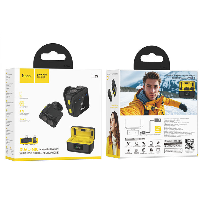 Hoco. L17 Micrófono Inalámbrico Dual - USB-C Y Lightning 6h De Autonomía